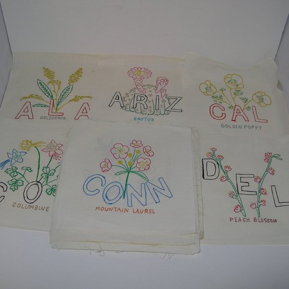 Set of 48 Tri-Chem PAINTED STATE FLOWERS Muslin Quilt 9" SQUARES Ready to sew A